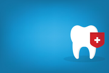 Dental care, protection. Vector illustration of a tooth and shield. 	
