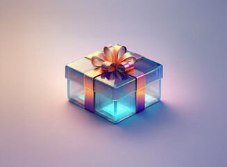 Obraz premium A glowing, translucent gift box with a metallic gold and copper ribbon sits on a soft, light background. The box emits a soft inner light.