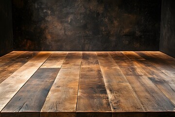 Rustic wooden floor, dark wall background, studio, product display