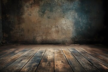 Dark, grunge room interior, wooden floor, textured wall, product display