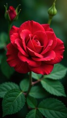 A delicate red rose with an arrowhead design in the center, surrounded by green foliage, red rose with arrow, floral art