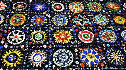 Colorful beaded artwork displayed outdoors, vibrant circular and star designs on dark fabric, sunny background, craft fair exhibit