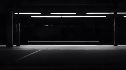 Empty subway platform at night, dimly lit with soft shadows and a minimalistic composition, creating an atmosphere of solitude, urban modernity, and quiet introspection