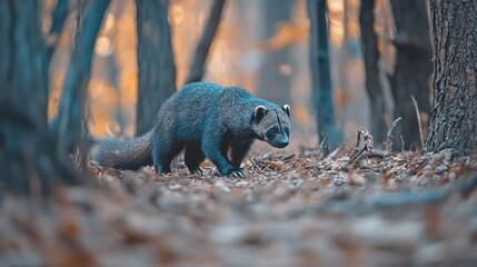 Obraz premium A solitary animal walks through a forest covered in autumn leaves.