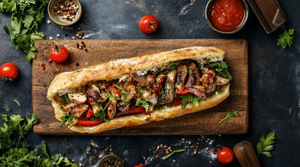 Grilled chicken sandwich on rustic wooden board with fresh vegetables and spices.