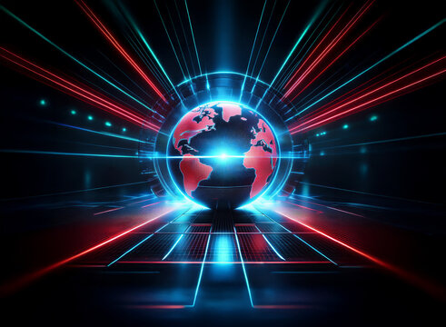 A glowing Earth encircled by vibrant red and blue light streaks, set against a dark, futuristic background.  The scene evokes speed, technology, and global connectivity.