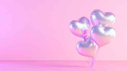Fototapeta premium Metallic and transparent heart balloons in vibrant pink background create festive and joyful atmosphere, perfect for celebrations and special occasions