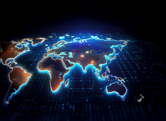 A glowing, digital world map illuminates a dark, technological background.  Circuit board patterns interweave, suggesting global connectivity and digital infrastructure.