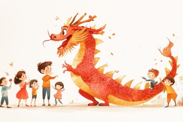 Fototapeta premium illustration of a cute dragon and several children dance together, celebrating the Spring Festival, lunar new year, Chinese New Year