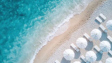 Obraz premium Aerial view of pristine beach with white umbrellas - ideal for summer vacation themes