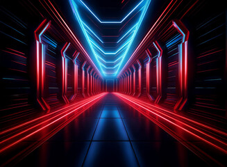 A futuristic, symmetrical corridor glows with vibrant red and blue neon lights.  The reflective floor enhances the sense of depth and endlessness within this abstract, technologically advanced environ