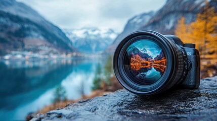 Close-up of a photographer's camera lens reflecting a scenic landscape, emphasizing the art of capturing moments and the beauty of the world. 