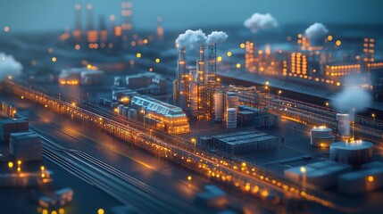Fototapeta premium Night Scene of an Industrial Complex: A Modern Refinery at Dusk