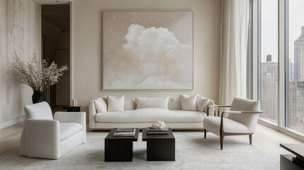 Serene Modern Living Room: A minimalist living room design featuring neutral tones, a large abstract painting, and ample natural light.  The space evokes a sense of calm and sophistication.