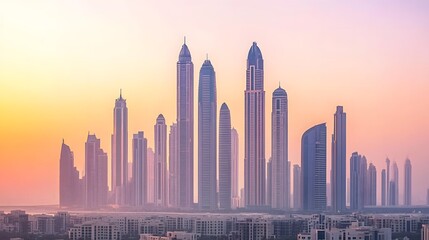 Towering skyscrapers in a financial district illuminated by warm sunset light, featuring a minimalistic composition and shallow depth of field, highlighting urban modernity, elegance