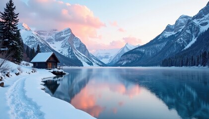 A frozen lake with a small wooden cabin in the distance, landscape, isolated