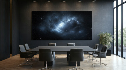 Cosmic Conference Room: A large-scale nebula print commands attention on a dark wall, transforming a modern boardroom into an inspiring, otherworldly space. The image evokes creativity, innovation.
