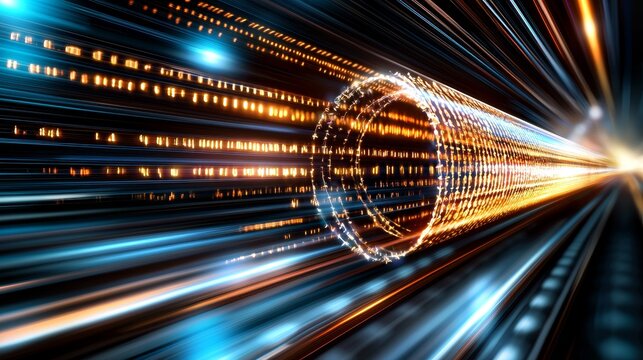 High Speed Data Stream Digital Tunnel Futuristic Technology Abstract Background Orange and Blue