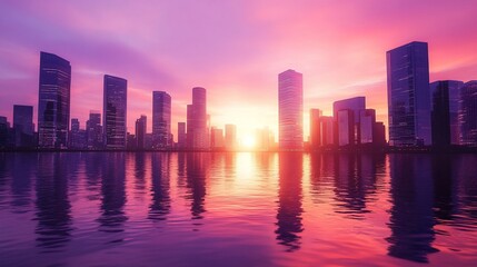 Obraz premium Cityscape Silhouette at Sunset: A Vibrant Urban Reflection