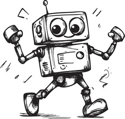 Cute cartoon robot sketch with playful expression and joyful pose.
