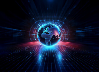 A glowing digital earth encircled by vibrant, radiating energy streams, symbolizing global connectivity and technological advancement.  The image evokes a sense of speed, innovation, and the interconn