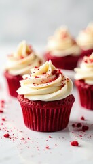 Creamy frosting and crumbly red velvet cupcakes on a plain white surface, cream cheese frosting, pastry