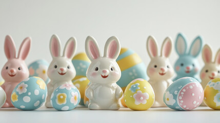 Obraz premium Whimsical easter bunny figurines with painted eggs for spring decor and celebrations