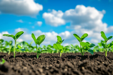 soybean growth in farm with blue sky background