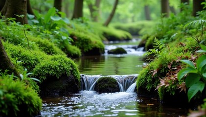 A slow-moving stream winds through a dense thicket of ferns and moss, moss, nature