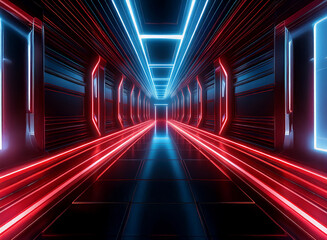 A futuristic corridor glows with vibrant red and blue neon lights.  Metallic walls and a reflective floor create a sense of depth and endlessness.  The scene evokes a feeling of technological advancem