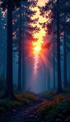 Obraz premium Dense forest canopy with blue trees against a warm sunset, wildlife, nature