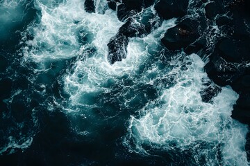 Aerial Ocean Waves Crashing Rocks Coastline