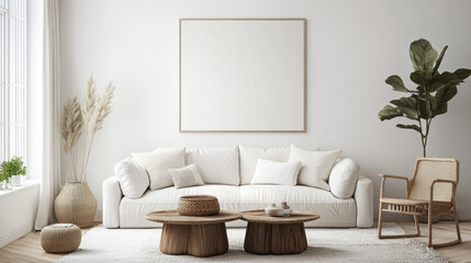 Minimalist Living Room Mockup: A serene and stylish living room interior with a large blank canvas mockup, perfect for showcasing artwork, photography, or design projects.