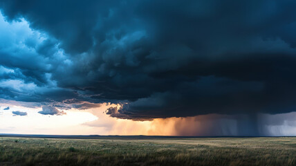 A dramatic sky filled with dark storm clouds, as a single piercing ray of sunlight breaks through, casting a striking contrast between light and shadow.