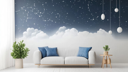 Dreamy Night Sky Living Room: A serene living room with a stunning night sky mural, featuring clouds and constellations, creates a tranquil and inspiring atmosphere.