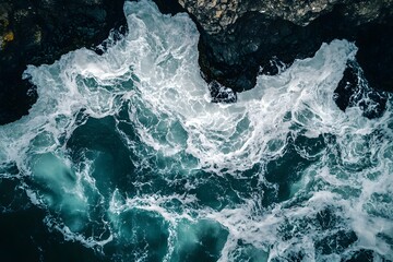 Obraz premium Aerial view of ocean waves crashing against volcanic rocks (1)