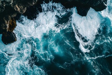 Aerial ocean waves crashing rocks, turquoise water, coastal background, travel