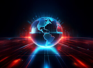 A glowing, translucent Earth floats above a gridded, energy-filled surface, radiating vibrant red and blue light streaks, symbolizing global connectivity and digital innovation.