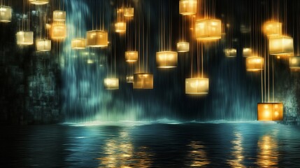 Fototapeta premium Enchanted Waterfall: A Serene Oasis of Hanging Lights