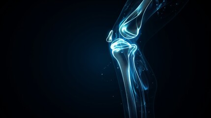 A glowing human knee joint, outlined in digital light, isolated against a dark backdrop.