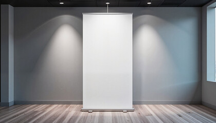 Minimalistic pull-up banner in conference hall, customizable presentation
