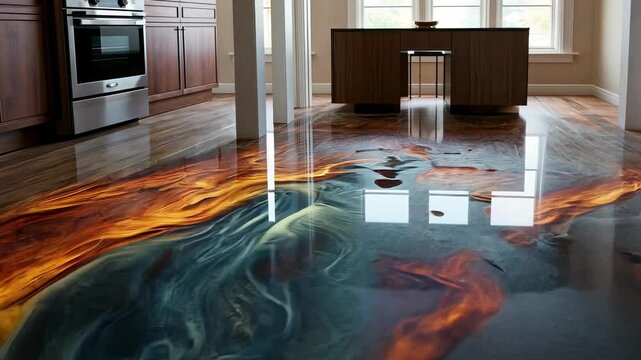 Innovative epoxy floor design transforming a modern kitchen with vibrant colors and unique patterns