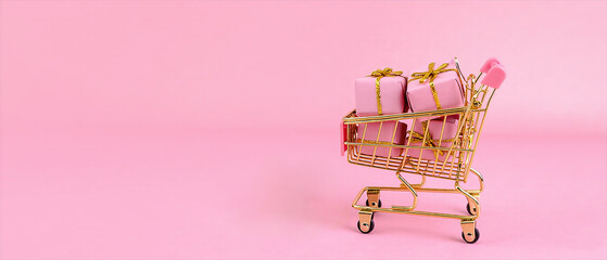 Golden and pink shopping cart filled with gift boxes on a pink background, perfect for Valentine’s Day sales. Generative AI