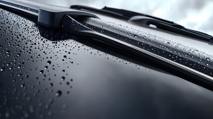 Close-up of a car windshield with realistic rain drops and a frameless wiper blade, captured in a sleek 3D render, showcasing precision, automotive design, and weather resistance concepts