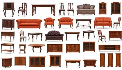 Collection of Luxurious Interior Furniture (Bed, Sofa, Clothes Rack, Lamp, Bench, Seat, Chair, Bedchamber) Isolated on White Background