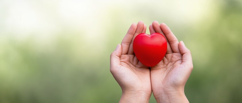 Hands holding a red heart, symbolizing care, love, and charity for World Heart Day or mental health awareness. Generative AI