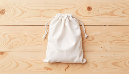 Sachet mockup on beige wooden surface, minimalist design