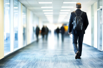 Businessman Walks Down Hallway with Backpack Confidently and Purposefully