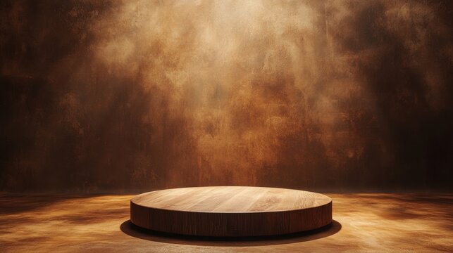 Elegant wooden podium illuminated by soft sunlight against a minimalist brown background creates a serene atmosphere for product display