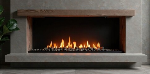 Obraz premium Dark wood tone mantle frames a gas insert with soft, golden flames, subtle flame flicker, warm glow, minimalist mantle